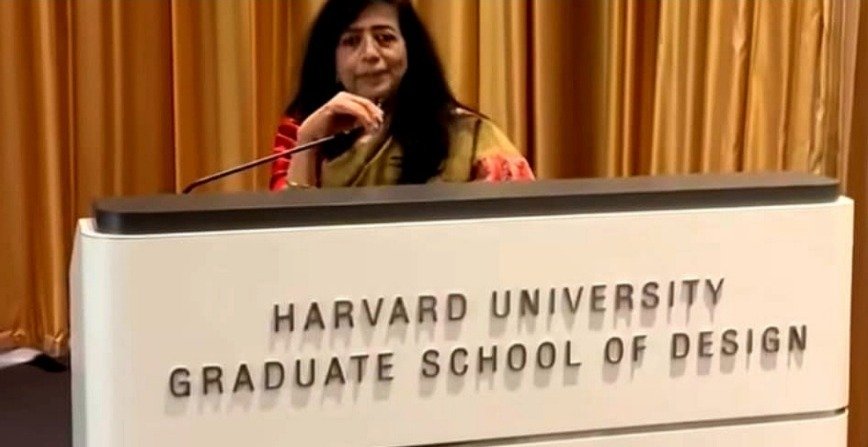 Mrs. Revathi Kamath at the podium of the Harvard University Graduate School of Design — bringing India's wisdom of ecological restoration to one of the world's most prestigious academic institutions